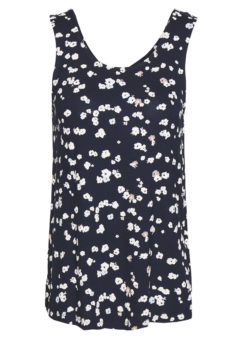 Granatowy top na ramiączkach z okrągłym dekoltem, z białym i beżowym wzorem kwiatowym. Miękka tkanina o luźnym kroju, z rozcięciami po bokach u dołu.