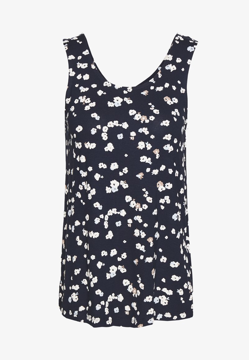 Granatowy top na ramiączkach z okrągłym dekoltem, z białym i beżowym wzorem kwiatowym. Miękka tkanina o luźnym kroju, z rozcięciami po bokach u dołu.