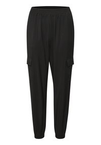 Black cargo pants with an elastic waistband, two side pockets, and tapered cuffs. Made from a lightweight fabric with a smooth texture.