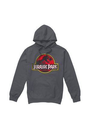 Dark gray hoodie with front pocket featuring a distressed red and yellow Jurassic Park logo with a T-Rex silhouette.