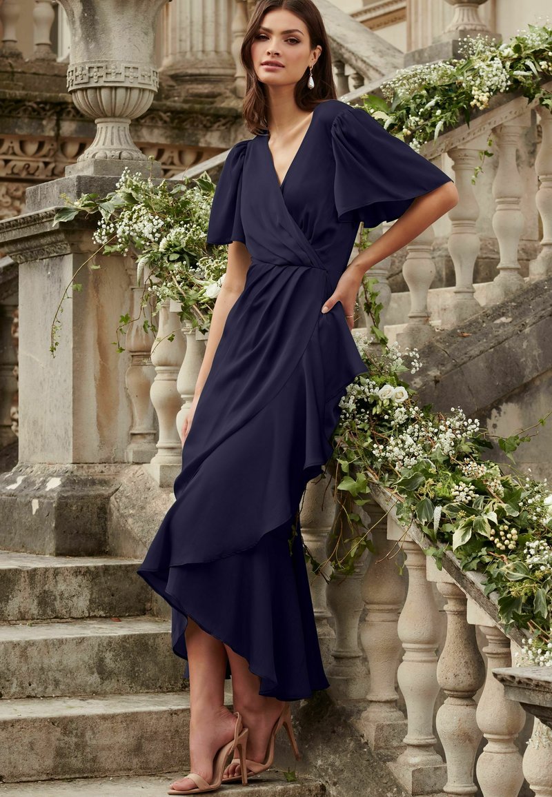 powder blue lace dress Dark Blue A Line V Neck High Low Short Prom Dress, Navy Blue Graduatio –  morievent main image 1