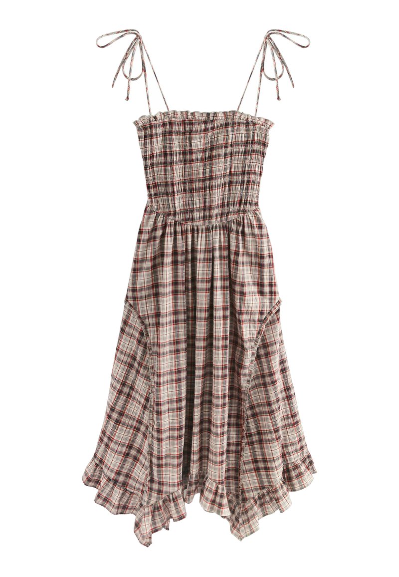 Vestido de cuadros con tirantes delgados ajustables, cuerpo fruncido, falda acampanada y dobladillo con volantes en tonos apagados de beige, rojo y verde.