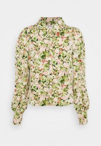 Květinová halenka s límečkem, zdobená růžovo-zeleným vzorem na krémovém pozadí a dlouhými nařasenými rukávy.