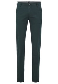 Ciemnozielone bawełniane spodnie o wąskim kroju, z zapięciem na guzik, szlufkami na pasek oraz bocznymi kieszeniami. Gładka tekstura i czysty, prosty design.
