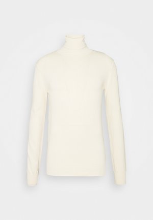 Hellcremfarbener Rollkragenpullover mit langen Ärmeln aus Rippstrickstoff, frontseitig auf hellem einfarbigem Hintergrund dargestellt.