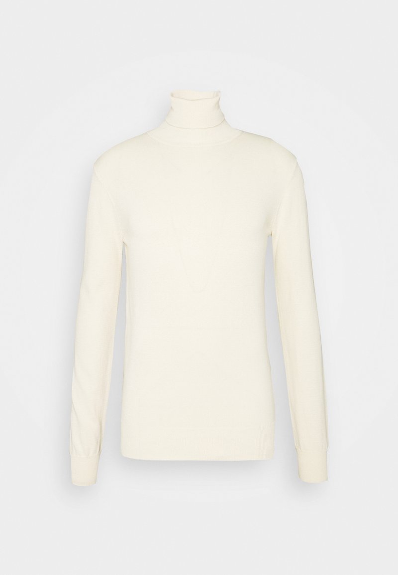 Pull à col roulé à manches longues de couleur crème, en tissu tricoté côtelé, présenté de face sur un fond clair uni.