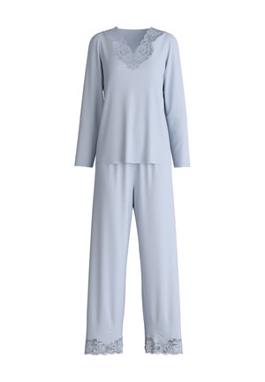 Lichtblauw pyjamajasje met lange mouwen, een gegolfde kantenkraag en kantafwerking op de broekspijpen. Gemaakt van zachte, gestructureerde stof.