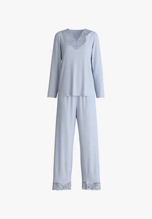 Light blue pajama set featuring long sleeves, a scalloped lace neckline, and lace trim on pant hems. Made from soft, textured fabric.