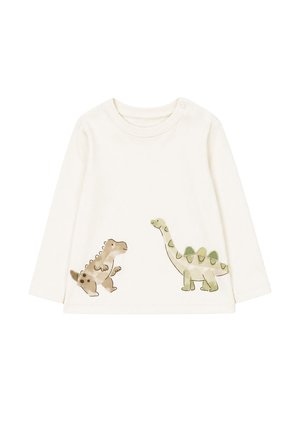 Maglietta per bebè a maniche lunghe color crema con due dinosauri dei cartoni animati, uno marrone e uno verde, stampati sul davanti.