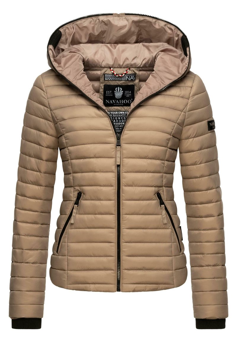 Beige puffer jacket with a hood, featuring horizontal quilting, black zippers, and ribbed cuffs. Interior lined with light brown fabric.
