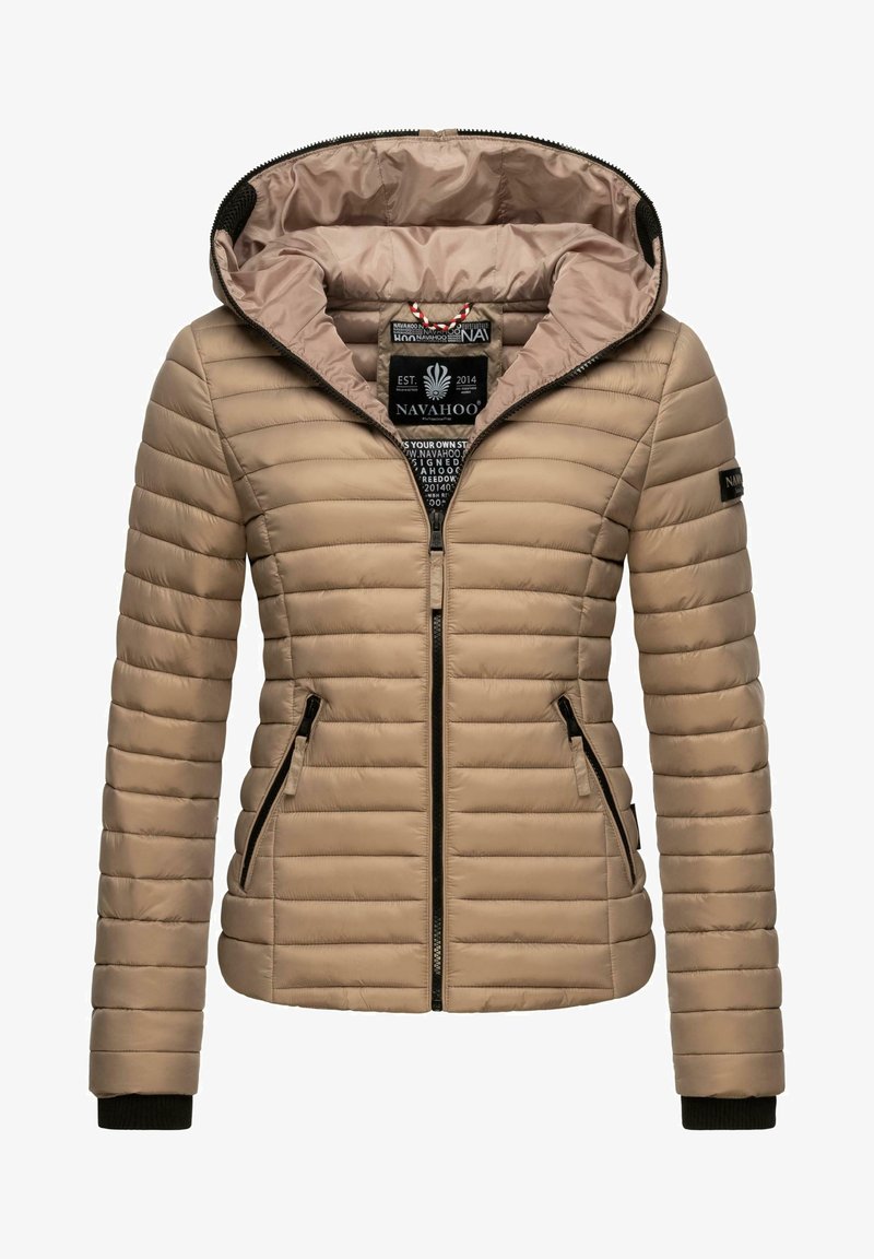 Beige puffer jacket with a hood, featuring horizontal quilting, black zippers, and ribbed cuffs. Interior lined with light brown fabric.