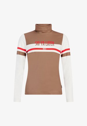 Brązowy sweter z golfem i długimi białymi rękawami, z poziomymi paskami w kolorze czerwonym i brązowym oraz napisem "SKI YA LATER" w kolorze czerwonym.