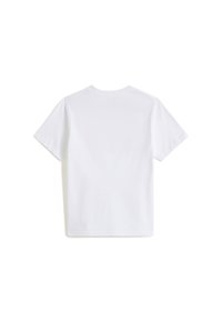 T-shirt en coton blanc avec un col rond, des manches courtes et un ourlet droit. Texture lisse, sans motifs ni hardware visible. Vue de dos présentée.