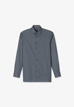 Langarmhemd in Marineblau mit weißen runden Mustern. Button-down-Kragen, Knopfleiste vorne und strukturierte Passform. Weicher, strukturiert textil.