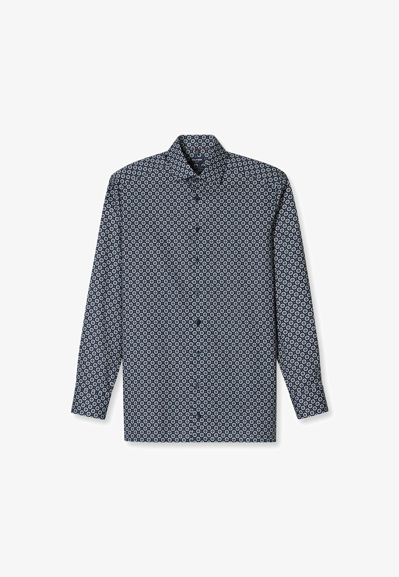 Langarmhemd in Marineblau mit weißen runden Mustern. Button-down-Kragen, Knopfleiste vorne und strukturierte Passform. Weicher, strukturiert textil.