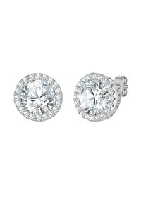 Okrogli beli dragulji v obliki stud uhansov, s velikim osrednjim kamnom, obdanimi z halo manjših kamnov, nastavljeni v srebru.