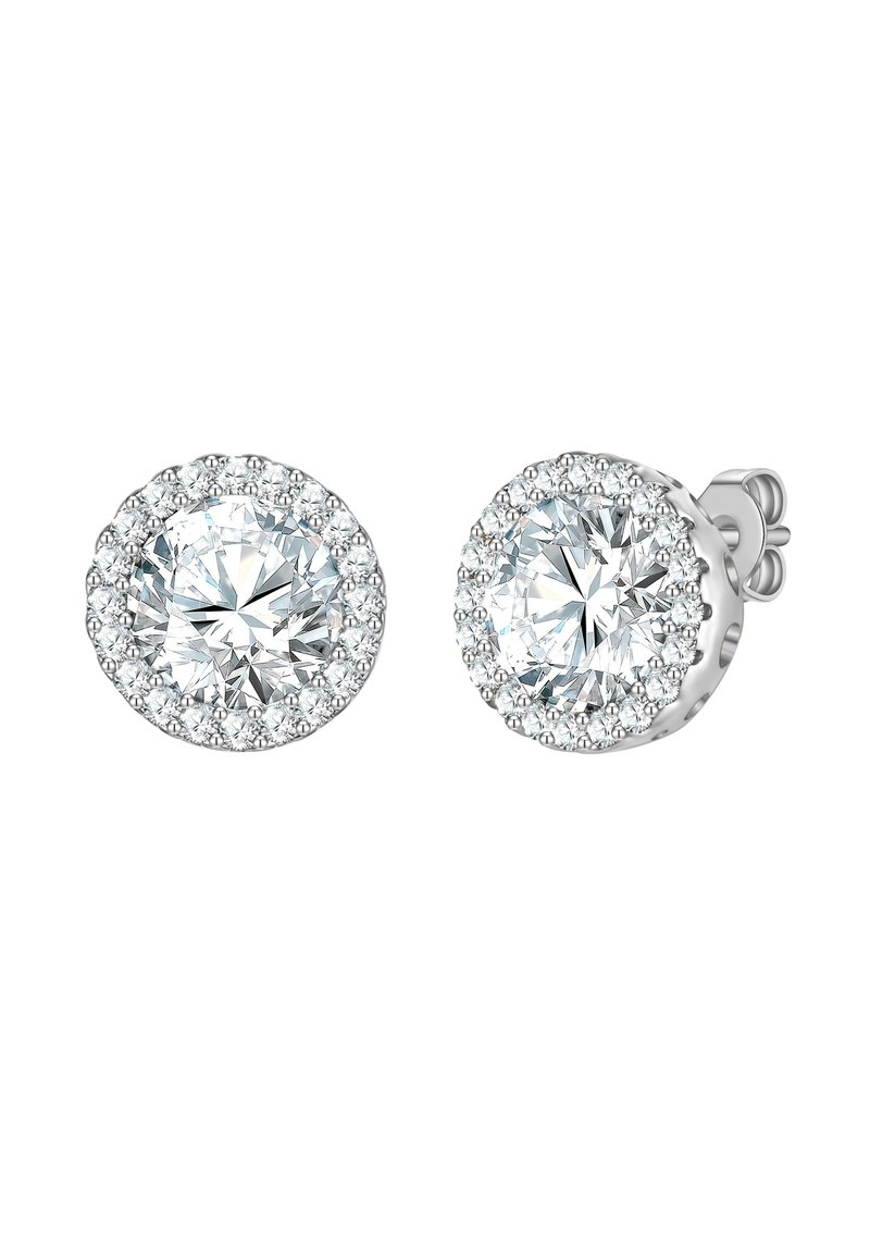 Okrogli beli dragulji v obliki stud uhansov, s velikim osrednjim kamnom, obdanimi z halo manjših kamnov, nastavljeni v srebru.