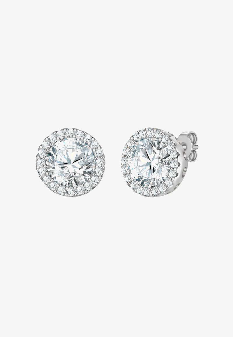 Okrogli beli dragulji v obliki stud uhansov, s velikim osrednjim kamnom, obdanimi z halo manjših kamnov, nastavljeni v srebru.