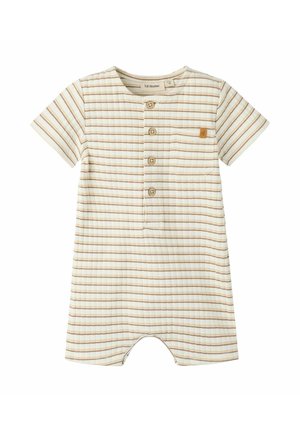 Beige babyromper met korte mouwen, horizontale bruine strepen, knopen aan de voorkant en borstzakje met klein leren logolabel.