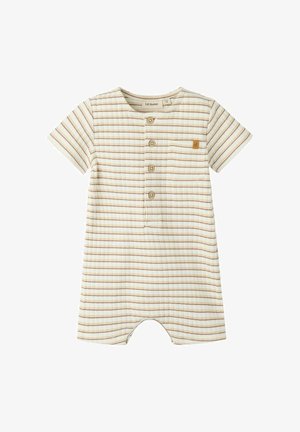 Beżowy niemowlęcy kombinezon z krótkim rękawem, z poziomymi brązowymi paskami, guzikami z przodu i kieszonką na piersi z małą skórzaną metką z logo.
