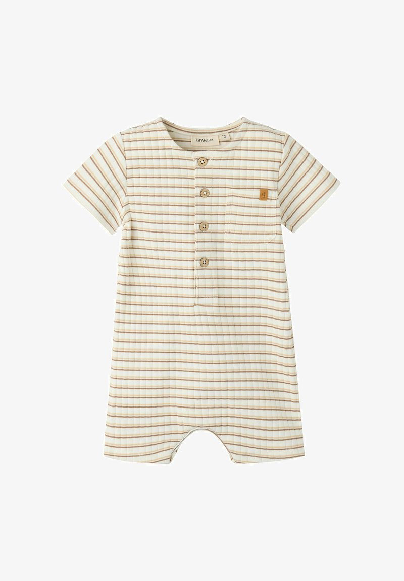 Barboteuse beige pour bébé à manches courtes avec rayures brunes horizontales, boutons à l'avant et poche poitrine avec petite étiquette en cuir avec logo.