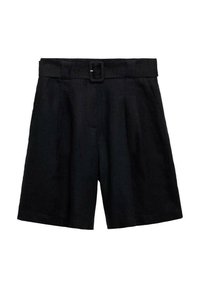 Black linen shorts with a wide fit, featuring a belted waist, pleats, and two side pockets. Smooth texture with a solid color.