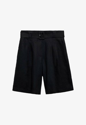 Zwarte linnen shorts met een wijde pasvorm, voorzien van een ceintuur, plooien en twee zijzakken. Soepele textuur met een effen kleur.