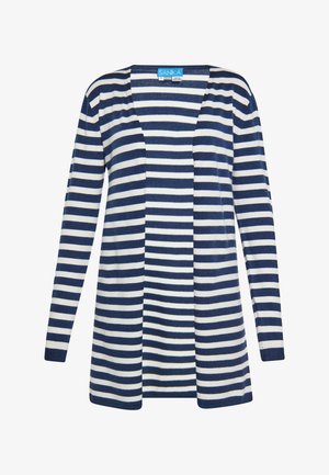 Csíkozott kardigán sötétkék és fehér színben, V-kivágással és hosszú ujjaival, puha anyagból, lazább fazonban.