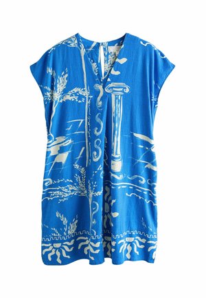 Rochie albastră cu mâneci scurte, decorată cu modele albe clasice de coloane, soare și frunziș, având un decolteu în V cu o mică închidere cu nod în față.