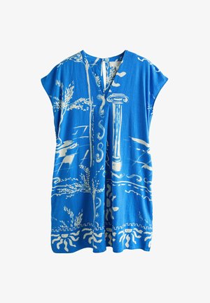 Sininen lyhythihainen mekko, jossa valkoisia klassisia pylväitä, aurinkoja ja kasvikuviota, V-pääntiellä ja pienellä etuosan solmimisnauhalla.
