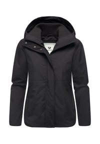 Črna jakna z zadrgo spredaj, nastavljivo kapuco in dvema stranskima žepoma. Izdelana iz gladkega, vremensko odpornega blaga. Ima sivo podlogo.