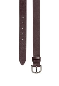 Donker bordeauxleren riem met een gestructureerde afwerking, voorzien van vijf gaatjes voor aanpassing en een zilveren metalen sp buckle. Glad en plat ontwerp.
