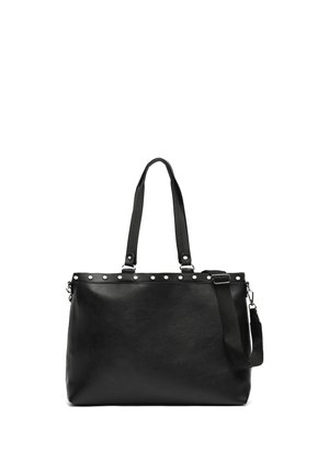 Mustast nahast käekott kahe käepidemega, eemaldatava õlarihma ja hõbedaste naeltega üleval äärel.