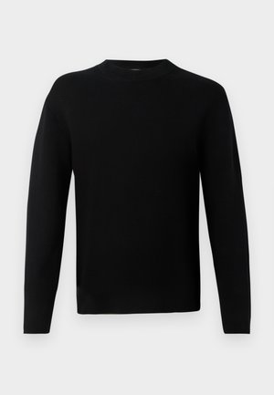 Suéter negro de manga larga y cuello redondo con una silueta ceñida, hecho de un tejido de punto suave, mostrado sobre un fondo gris claro.