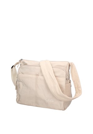 Sac à bandoulière beige avec plusieurs compartiments zippés et une sangle épaisse rembourrée, affichant un logo GMV discret sur la poche avant.