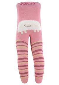 Rosa Strumpfhosen für Kleinkinder mit einem weißen, flauschigen Schafdesign auf der Vorderseite und abwechselnd gestreiften Beinen in Pink, Lavendel und Gelb. Weiche Textur.