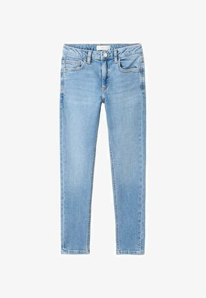 Lichtblauwe denim skinny jeans met een hoge taille, voorzien van voorzakken, een knoopsluiting en subtiele vervagingen in de stof.