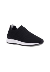 Black knit slip-on sneaker with textured upper, white midsole, and black outsole. Features a low-cut design for easy wear.