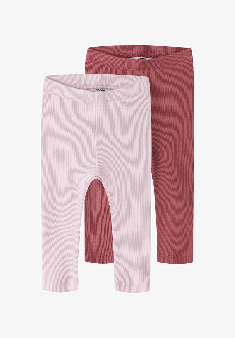 Deux paires de leggings pour bébé à côtes, une rose clair et une rose foncé, présentées à plat avec des ceintures élastiques.