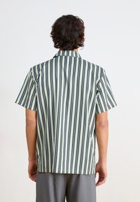 Cămașă cu mâneci scurte, cu dungi verticale în verde, negru și alb. Dispune de un guler ascuțit și este fabricată dintr-un material fin și ușor.