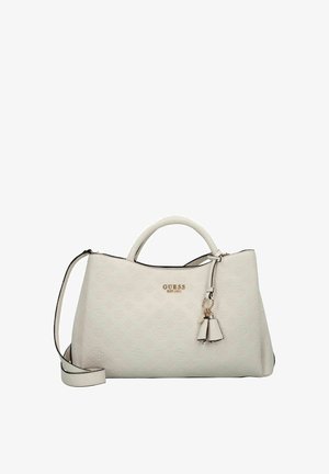 Witte handtas met een gestructureerd ontwerp en textuur. Voorzien van twee handvatten aan de bovenkant, een afneembare schouderriem en een decoratieve kwast als accent.