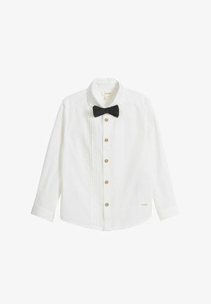Hvid langærmet skjorte med sort butterfly, knapper foran, plisserede detaljer og guldknapper. Fremstillet i et letvægtsstof.