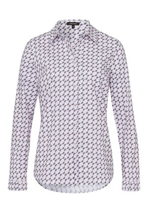 Chemise blanche à boutons avec un motif géométrique violet et rose. Dotée de manches longues, d'un col et d'un ourlet arrondi.