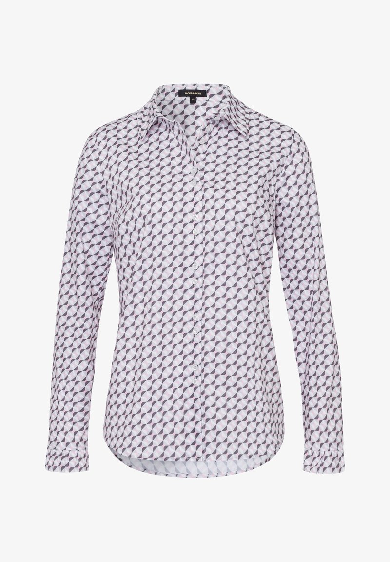 Button-up shirt in white with a geometric purple and pink pattern. Features long sleeves, a collar, and a curved hemline.