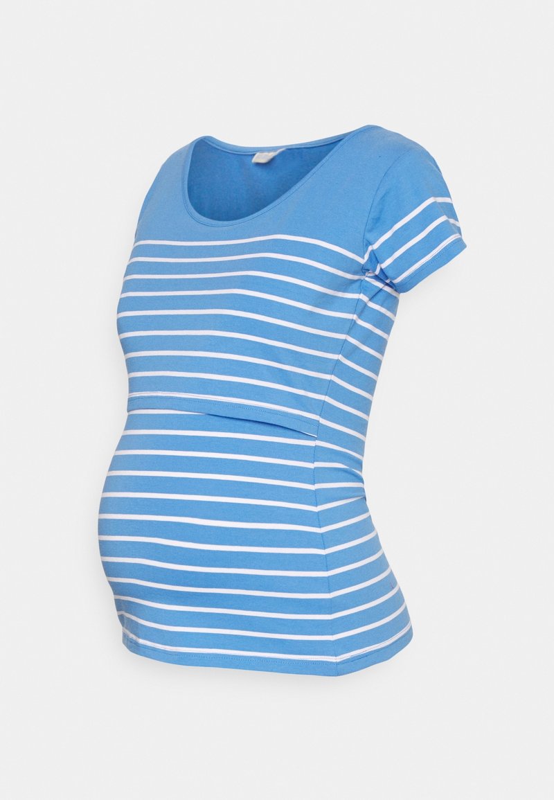 Blårandig graviditets-T-shirt med korta ärmar, med horisontella vita ränder och rundad halsringning, tillverkad av mjukt bomullsmaterial.