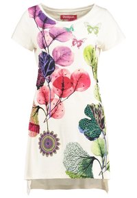 Korta ärmar, krämfärgad klänning med färgglada blommönster och bladtryck i rosa, lila, grönt och blått. Rund hals och asymmetrisk nederkant.