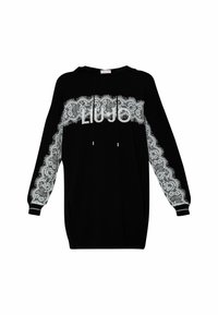 Robe sweat à capuche noire à manches longues avec panneaux en dentelle blanche aux manches et à la poitrine, avec le logo "LIU JO" sur le devant.