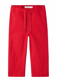 Röda, lätta byxor i bomullsblandning med elastisk midja och justerbar dragsko. Rakt ben-design, utan fickor, slät textur.