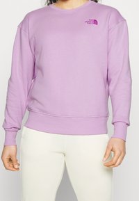 Felpa lavanda in misto cotone; presenta polsini e orlo a costine, collo tondo e un piccolo logo viola sul lato sinistro del petto.