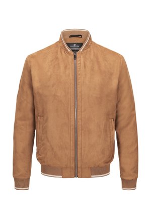 Hellbraune Wildleder-Bomberjacke mit Frontreißverschluss, gerippten Bündchen, Kragen und Bund mit weißen Streifenakzenten sowie seitlichen Taschen.